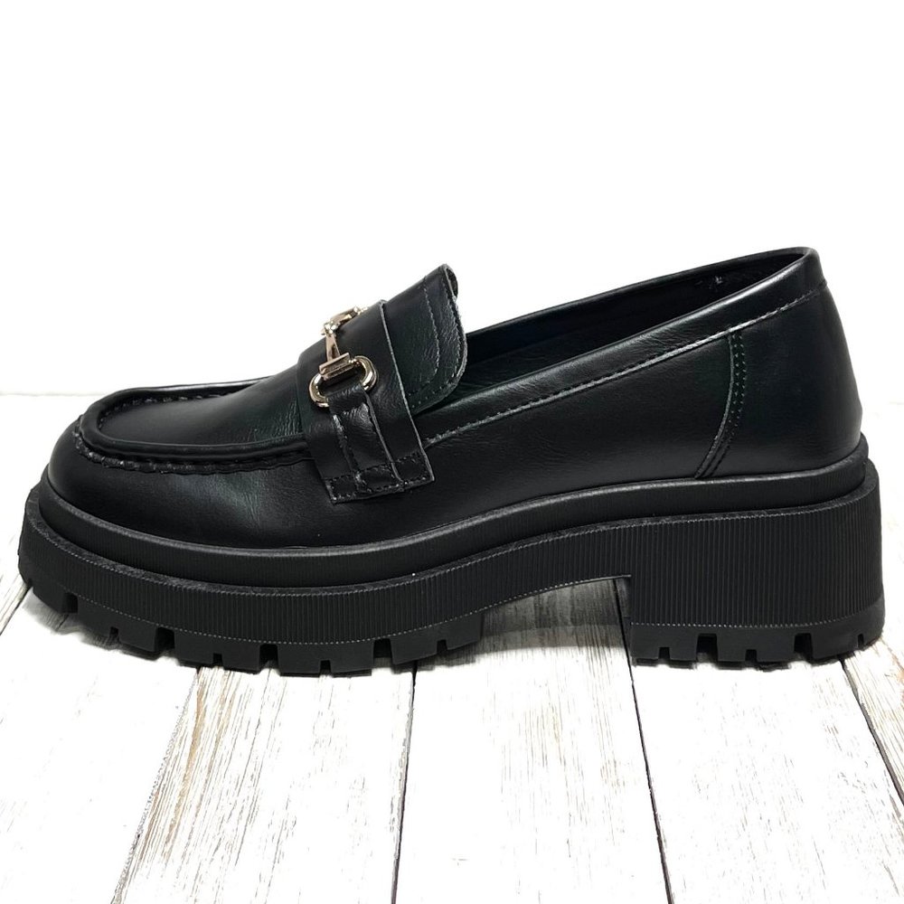 New Black Chain Platform Chunky Heel Penny Loafers - Picture 3 of 4